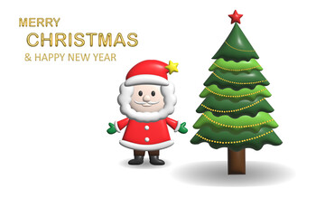 3D Realistic cartoon santa claus and christmas tree decorations with gifts winter holiday design elements isolated white