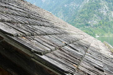 Closeup roof overlapping wood wooden shingles tradition