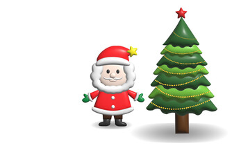 3D Realistic cartoon santa claus and christmas tree decorations with gifts winter holiday design elements isolated white