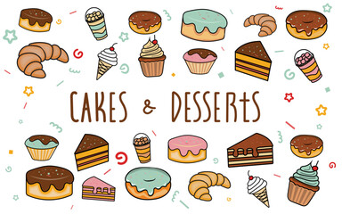 Set of different sweet desserts and cupcakes. Vector image.