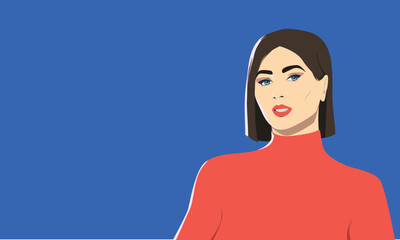 Portrait of a beautiful young brunette woman with makeup in a red turtleneck on a blue background. Vector illustration