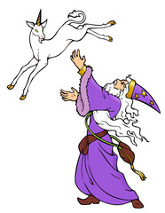 Wizard conjuring a unicorn