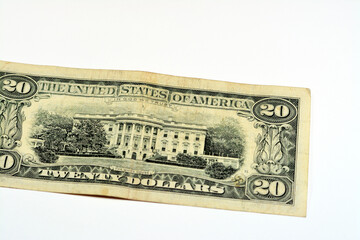Reverse side of 20 twenty dollars bill banknote series 1995 with the photo of the white house , old...