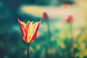 Stimmungsvolles Nahaufnahme einer Tulpe im farbenfrohes Blumenmeer aus Tulpen im Grugapark Essen -...