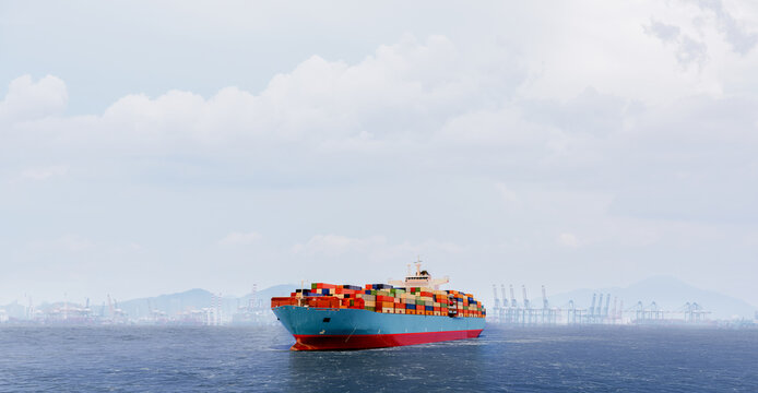 cago ship catainers leaving the seaport , global logistic business, 3d illustration rendering