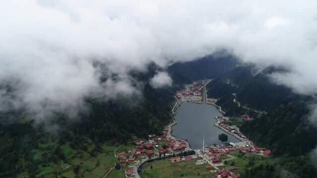 Aeriel view Tabzon Uzungol. Misty mountains and village, Trabzon, Turkey.