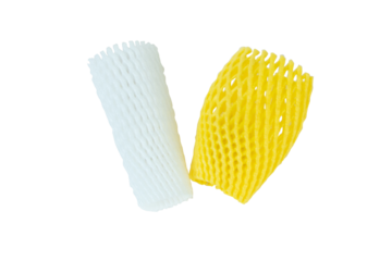 Foam plastic mesh net cushion. Blank covered yellow and white shockproof foam net for fruits protection. protective packaging netting sleeves for fruits.