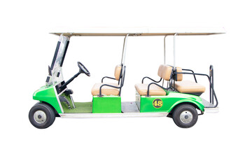 Fototapeta premium Golf carts or electric golf cart green for sports person with Clipping Part. Use electricity instead of fuel are widely used in sport of golf to run athletes on grass. 