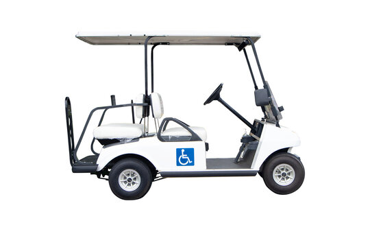 Golf carts or electric golf cart white for sports person with Clipping Part. Use electricity instead of fuel are widely used in sport of golf to run athletes on grass.