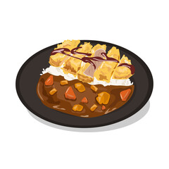 Curry rice with crispy fried pork, Sliced pork with tomato sauce, Hand-drawn, isolated on white background, Vector Illustration.