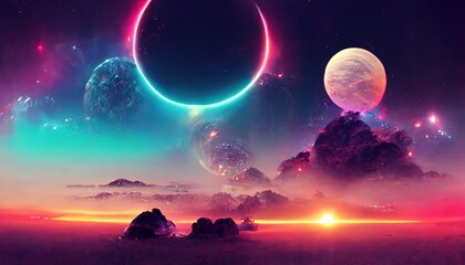 Neon abstract space background with nebula and stars. Futuristic fantasy landscape. Futuristic space sci-fi abstract background,  3d render