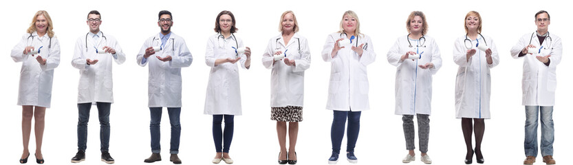 Fototapeta premium group of doctors holding jar isolated on white
