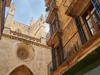 Lateral facade of the church of Santa Eulalia seen from Carrer de la Previsio street. Palma de Mallorca, Majorca, Balearic Islands, Spain, Europe © Susana