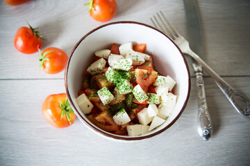 salad of fresh ripe tomatoes with mozzarella and spices in a bowl