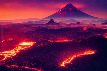 dark fantasy landscape with a volcano and odd hills, generative ai