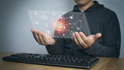 man use Laptop with cloud computing diagram show on hand. Cloud technology. Data storage. Networking and internet service concept.