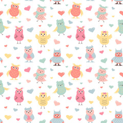 Cute owls in warm clothes and hearts seamless pattern. Scandinavian boho print.