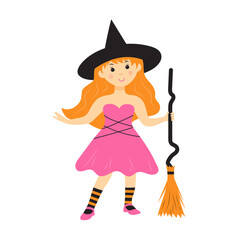 Cute witch with broom. Little witch girl cartoon character isolated on white background.