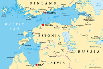 Gulf of Finland and Gulf of Riga region, political map. Nordic countries Finland, Estonia and Latvia with capitals Helsinki, Tallinn and Riga, and seaway from Baltic Sea to Saint Petersburg, Russia.