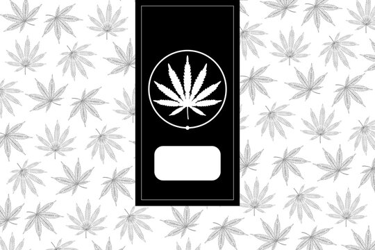 Diseño para packaging e imagen corporativa para negocios y productos derivados del cáñamo y cannabis. Logo silueta sobre fondo estampado de hojas de cannabis y cáñamo en blanco y negro.