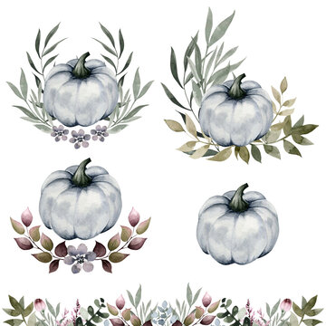 Beautiful set of blue watercolor pumpkins in leaves. isolated on white background, botanical illustrations, hand drawing