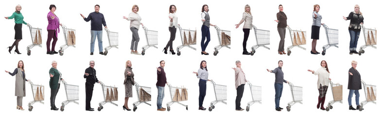 group of people with shopping cart on white