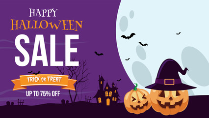 Halloween sale horizontal banner flat vector illustration