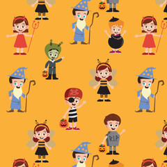 Cute kids wearing halloween costumes pattern vector illustration.