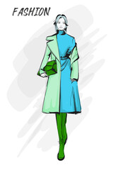 Young beautiful woman in autumn clothes. Sale concept. Hand-drawn fashion illustration