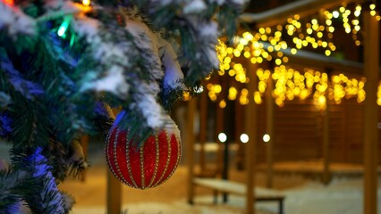 The lights of the garland decorate the house and the Christmas tree, on the branch there is a red...