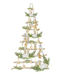 Modern Christmas tree. Wooden ladder with christmas lights,pine cone, firry. Watercolor illustration. Farmhouse Christmas tree isolated on the white background