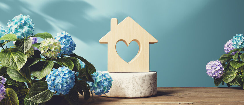 Miniature wooden block house with hydrangea flowers - 3D render