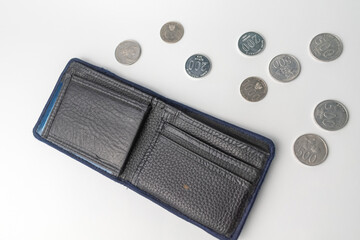 a black wallet and coins isolated on white background