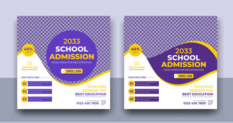 Admission social media post banner template, Back to school admission promotion banner. school admission template for social media ad. Editable Vector formate