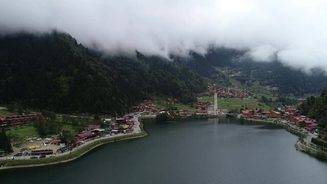 Aeriel view Tabzon Uzungol. Misty mountains and village, Trabzon, Turkey.