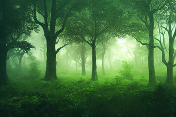 Fototapeta na wymiar misty green forest with lush foliage, digital illustration, generative ai