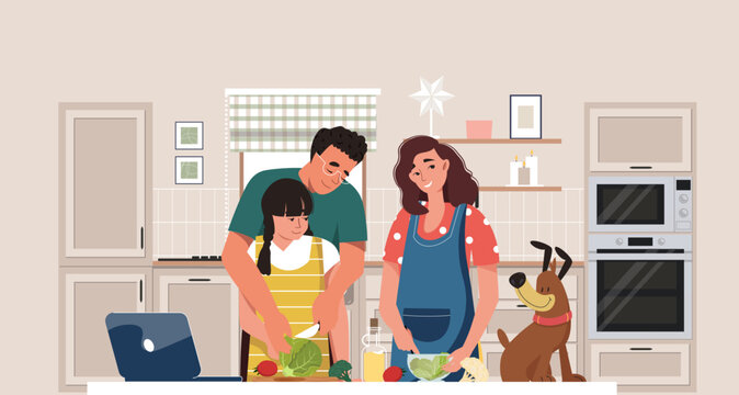 Happy smiling family cooking dinner together in kitchen vector flat illustration. Parents and child with cute pet prepare dinner on white. Mother, father, daughter spend time at home. Family cooking.
