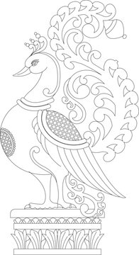 ornamental peacock design on a white background. Kalamkari Indian traditional art on linen fabrics. for textile printing, logo, wallpaper	
