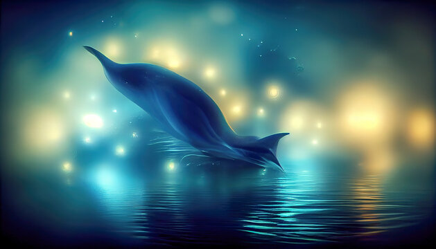 Blue sea at night, jumping dolphin, abstract image.
