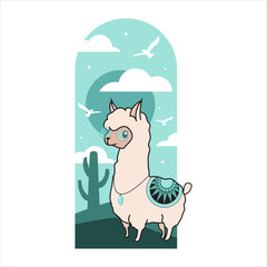 Cute alpaca sisters. Second sister. Suitable for cute animal-themed design elements, greeting cards, murals and backgrounds, children's story book illustrations.