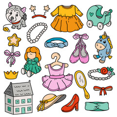 Cute vector collection of colorful toys for girls doodles