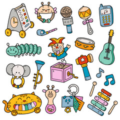 Cute vector collection of colorful baby musical toys doodles