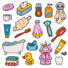 Cute vector collection of colorful baby bathing doodles