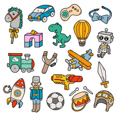 Cute vector collection of colorful baby doodles toys for boys