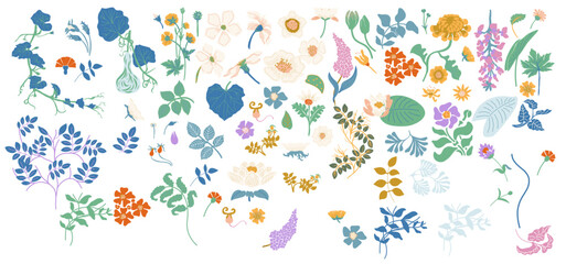 Vector Graceful Art Nouveau Flowers Bouquets of Convolvulus, Briar, Lotus, Lilac and Ranunculus