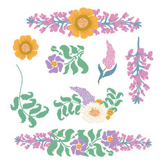 Vector Graceful Art Nouveau Flowers Bouquets of Convolvulus, Briar, Lotus, Lilac and Ranunculus