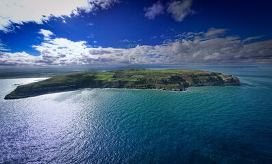 The Great Orme and Llandudno, North Wales, UK. Aerial views of the Welsh landscape from the Great Orme. View of the Great Orme from the Irish Sea. 3