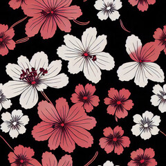 Fabric repeating pattern of dark burgundy colored wild flowers for a wall paper or fabric