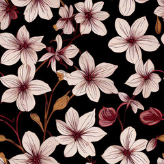 Fabric repeating pattern of dark burgundy colored wild flowers for a wall paper or fabric