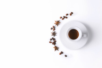 white coffee cup and beans on white background, Cup of espresso.Top view